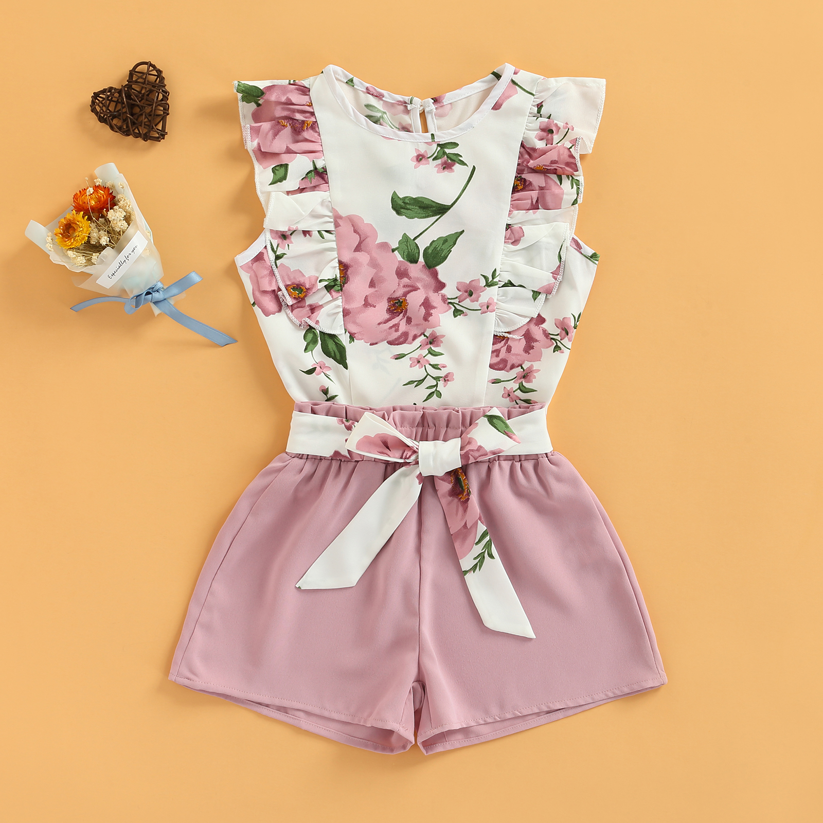 Toddler Kids Girls 2 pezzi Outfit, canottiere senza maniche con volant stampa floreale + pantaloncini elastici in vita con cintura Set estivo 2-7T