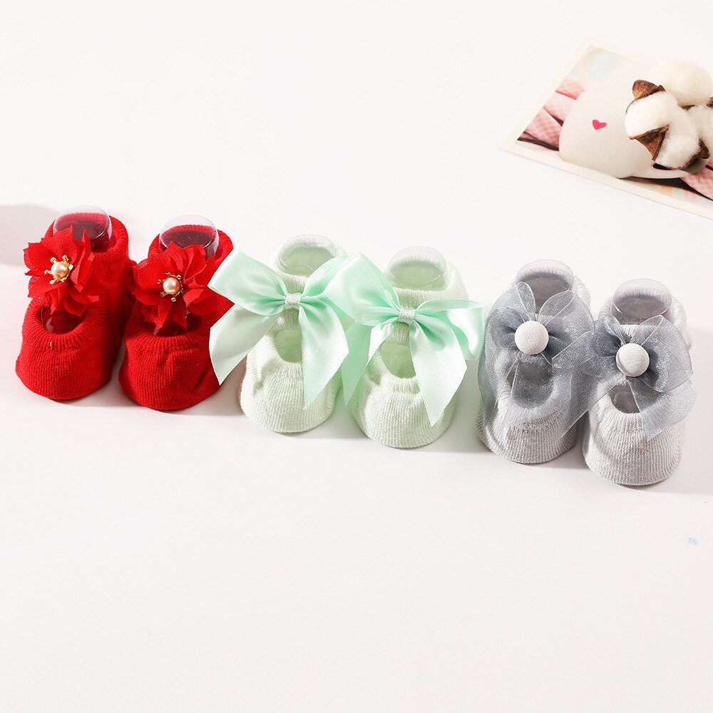 3 Paren/set 0-12Months Baby Sokken Leuke Kant Bloem Parels Crown Bows Antislip Pasgeboren Baby Meisje Sokken Katoen Prinses meisjes Sokken: 12