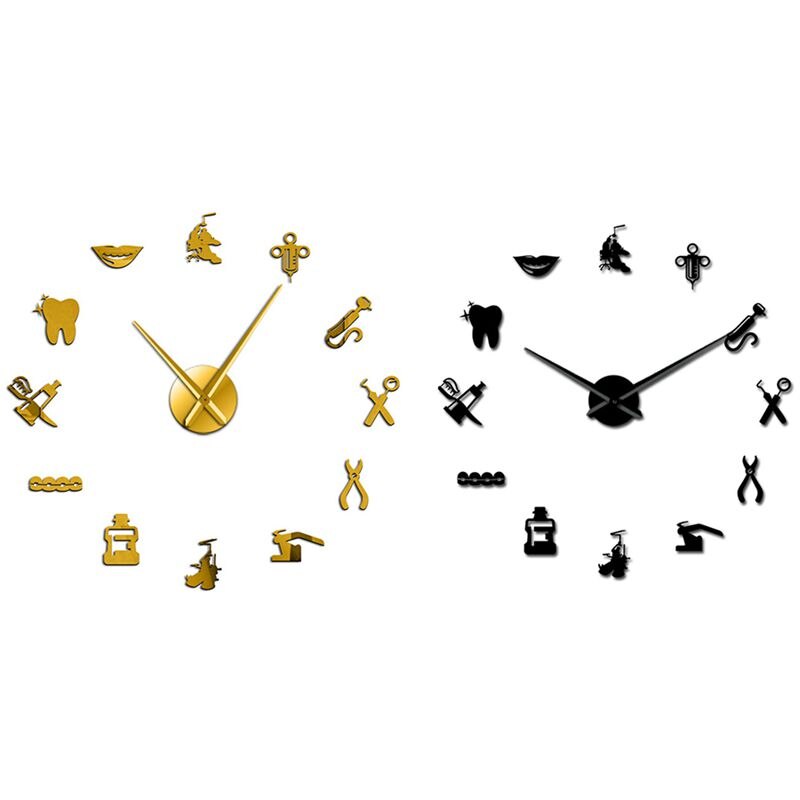 2pcs Diy Giant Wall Clock Oversized Wall Clock Big Needle Mirror Dentist Office Decor - black & Gold