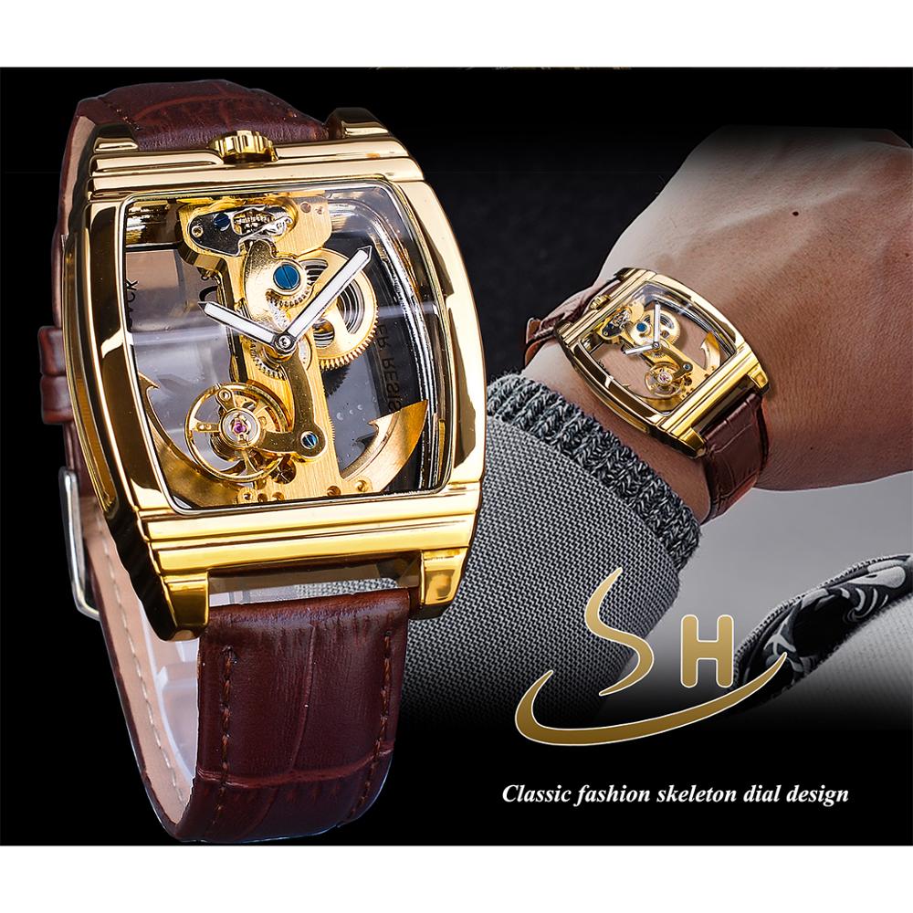 Shenhua Transparante Koninklijke Luxe Waterdichte Automatische Mechanische Horloge Lederen Band Skeleton Tourbillion Goud Lichtgevende Klok