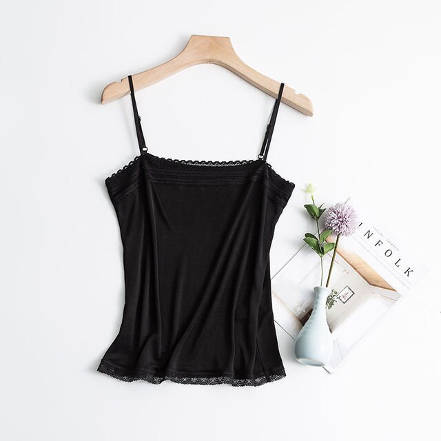 Vrouwen 50% Zijde 50% Viscose Kant Hemdje Top Vest Shirt Verstelbare Bandjes M L Xl TG111: black / M