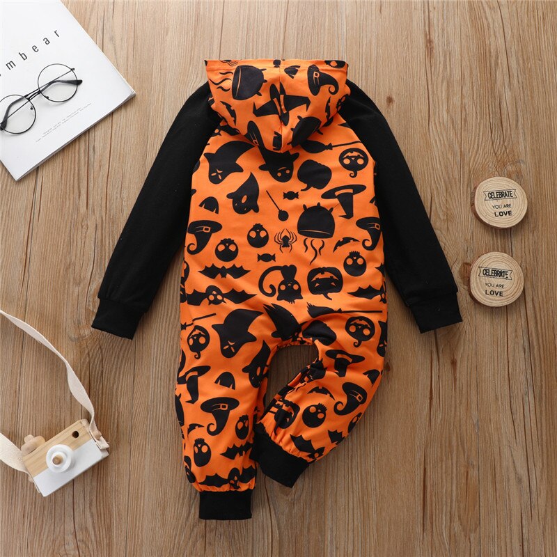 Baby Jongens Meisjes Halloween Rompertjes Lange Mouwen Hooded Ghost Pompoen Gedrukt Hooded Kleding Jumpsuits 3-24 Maanden