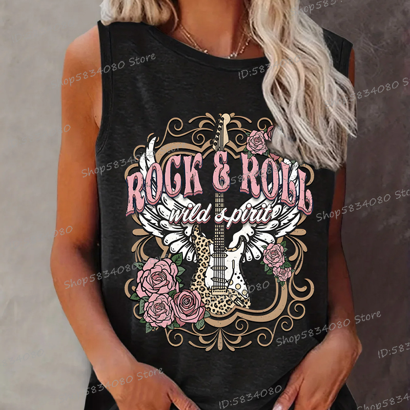 musica rock Rotolo selvaggio T-camicia Camicia per chitarra rosa stile Vintage ▾ Nuova moda estiva O-Collo Maglietta Amante della musica da donna Canotte senza maniche