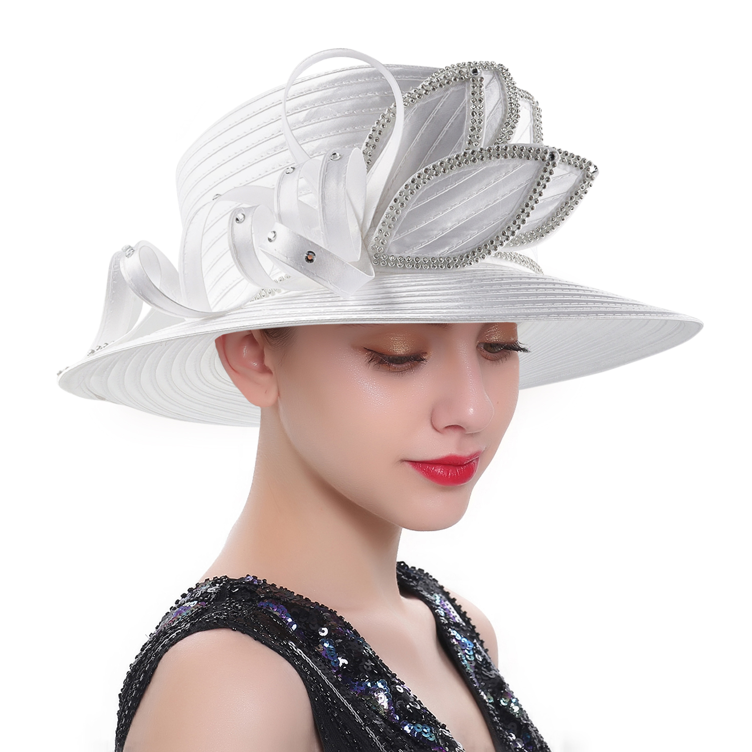 Sombrero de iglesia blanco de lujo para , banquete, tela satinada, sombreros de fotografía, cadenas Premium, sombrero Formal, gorra superior de flores para mujeres y señoras: Gris