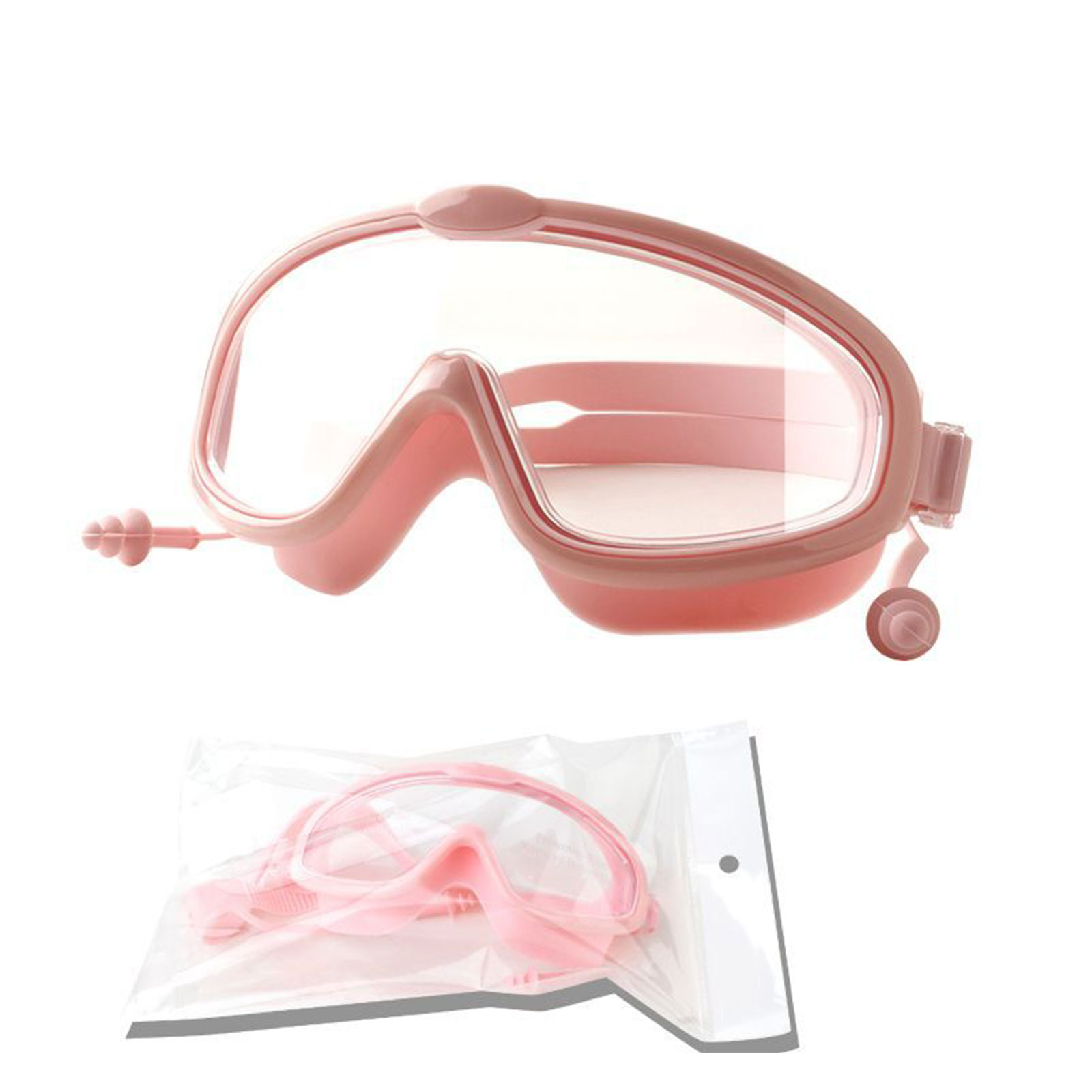 Children's Swimming Glasses Practical PC Lens Ultra-Wide View Antifog Silicone Mirror Goggles Adjustable Conjoined Earplugs: Pink