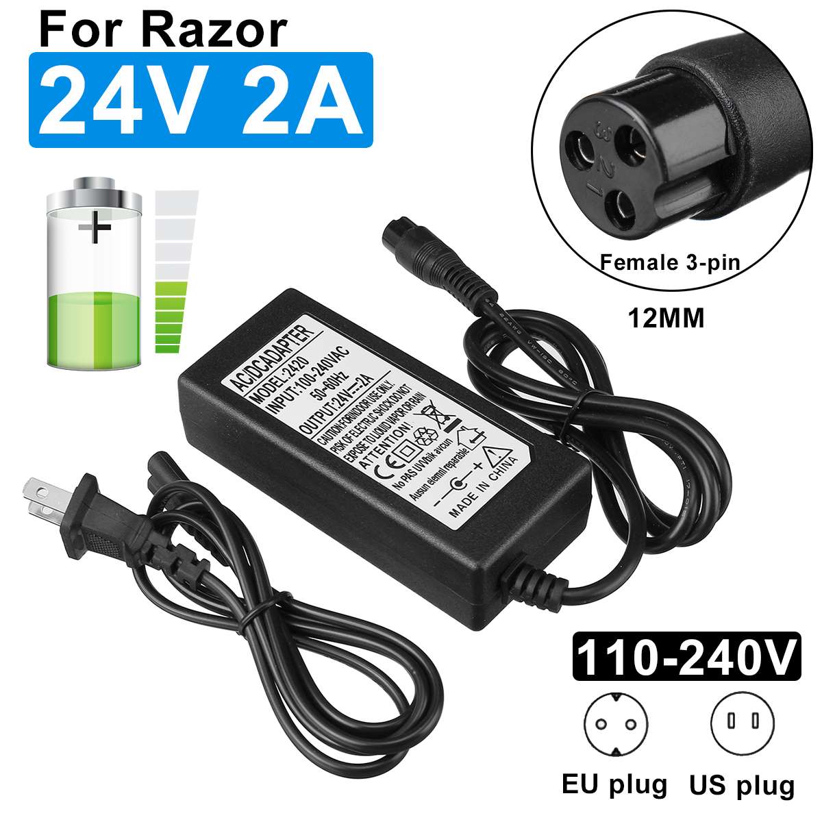 Chargeur de batterie de Scooter électrique 24V 2A Fr rasoir E100 E200 E300 E125 E150 E500 pour adaptateur de connecteur de chargeur de rasoir