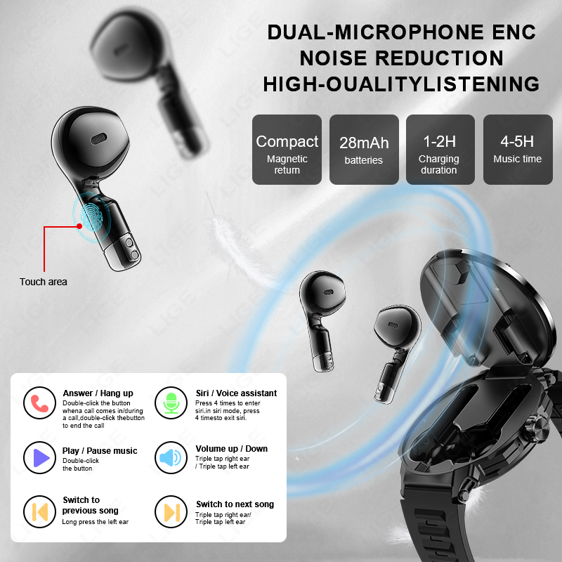 LIGE Nuovo TWS Smart Watch Auricolari incorporati Funzione scheda di accesso Frequenza cardiaca Monitoraggio della salute del sonno Cuffie Riproduzione di musica Smartwatch