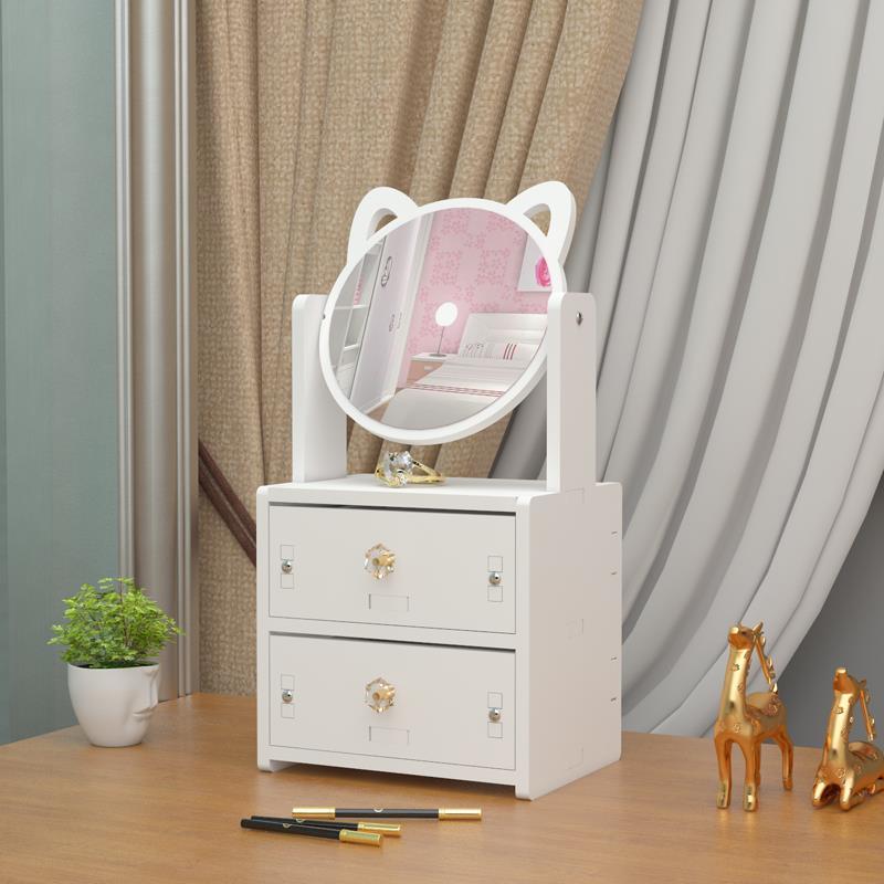 Espejo de maquillaje con orejas de gato para mujer, organizador de cosméticos de escritorio, tipo cajón de plástico de madera, caja de almacenamiento de cosméticos, estante con espejo de tocador: style B
