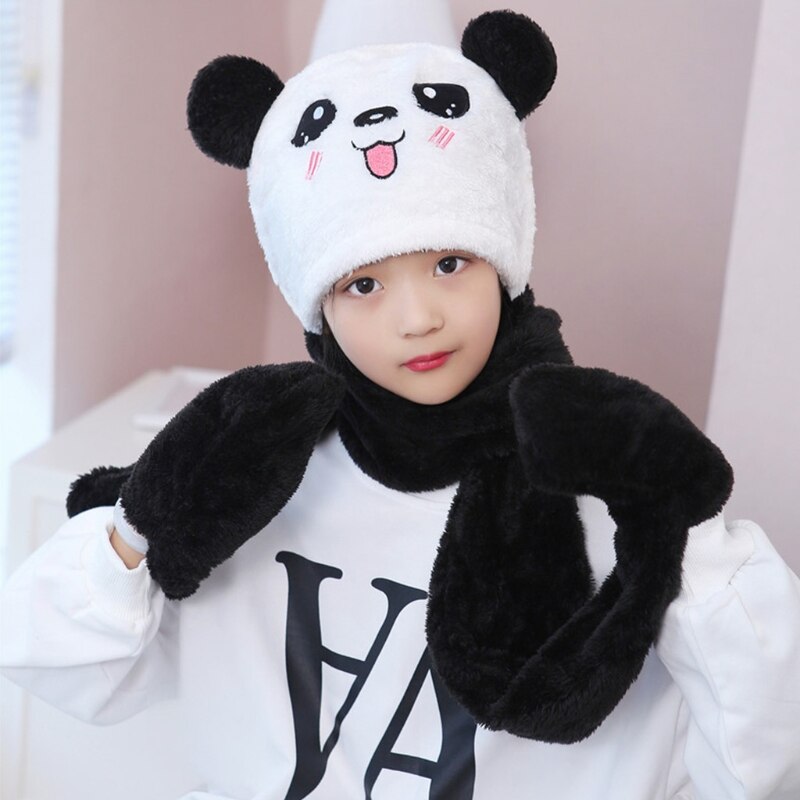 Peuter kinderen baby winter 3 in 1 muts lange sjaal handschoenen set panda dierenoren dikke pluizige pluche hoodie oorklep muts nekwarmer