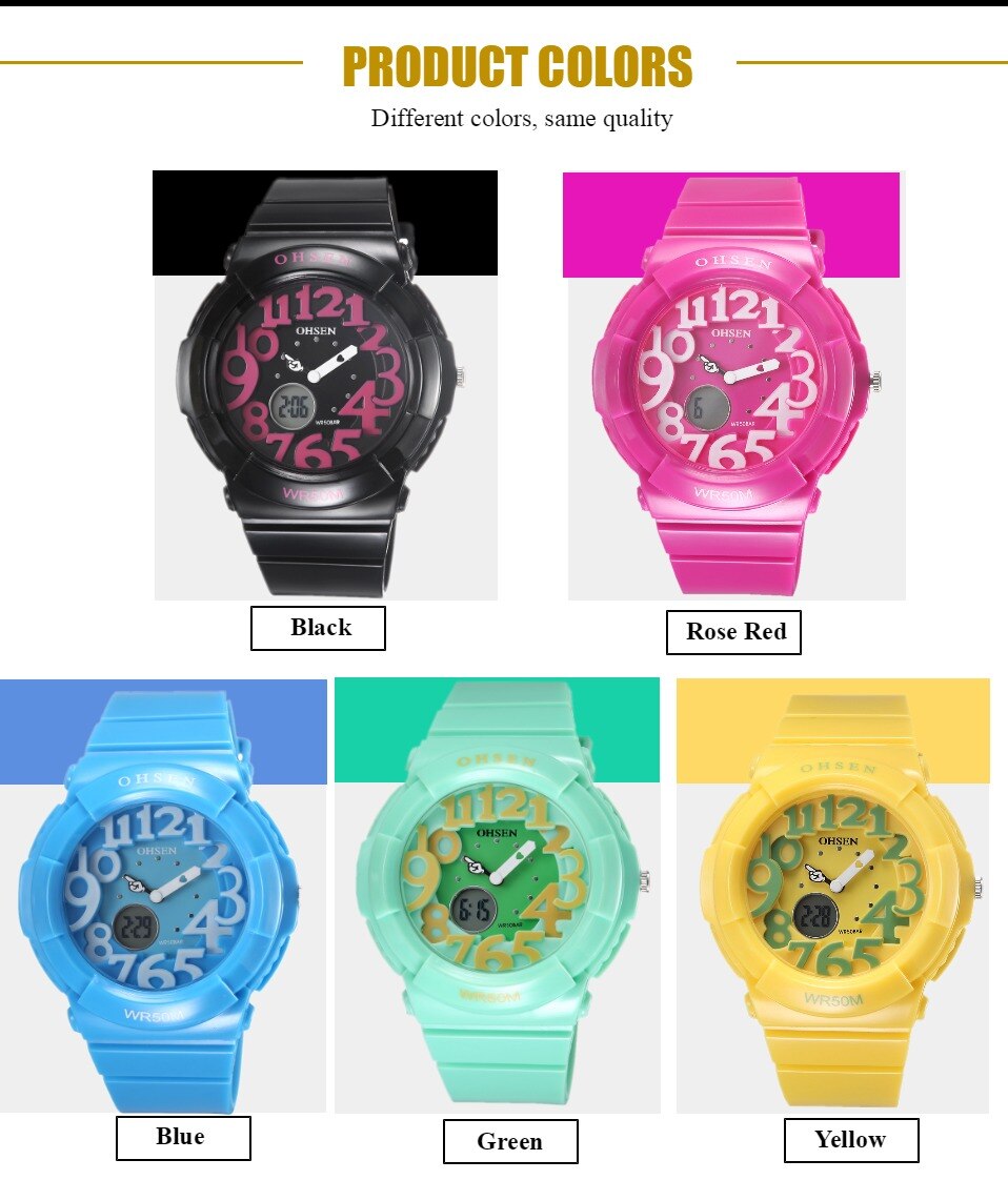 Ohsen digitaal quartz kinderhorloge voor meisjes, waterdicht, outdoor sporthorloge voor jongens, zwart siliconen dameshorloge
