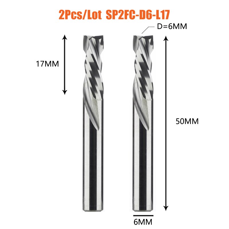 2PCS/LOT Compression Milling Cutter Woodwork UP&amp;DOWN Cut Two Flute Spiral Carbide Milling Tool CNC Router Bits Wood End Mill: 2PC-SP2FC-D6.0-L17