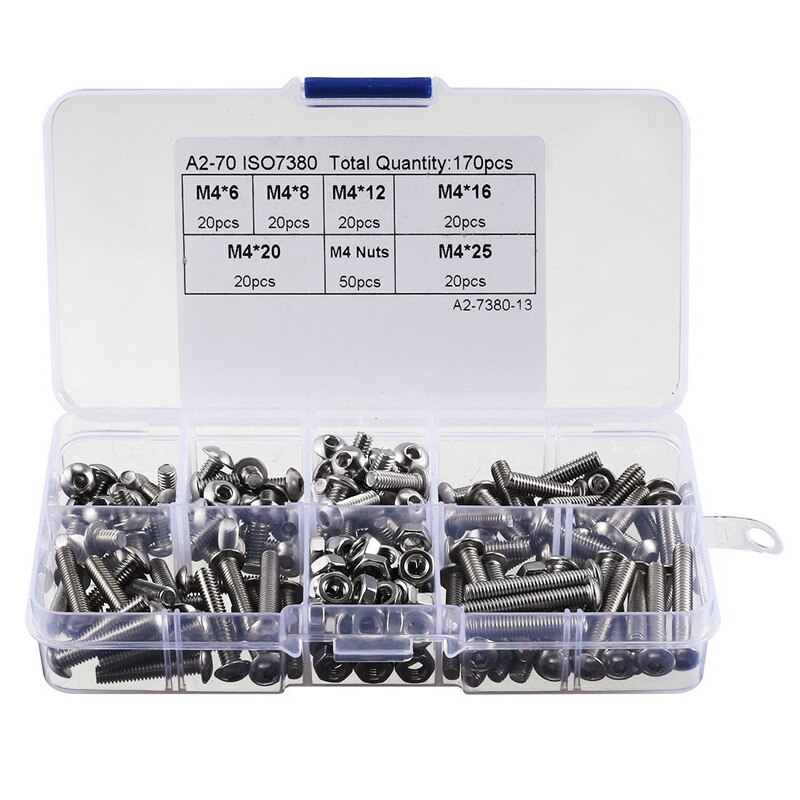 ! 170pcs 304 Stainless Steel M4 Hex Socket Button Head Screw Nut Assortment Kit