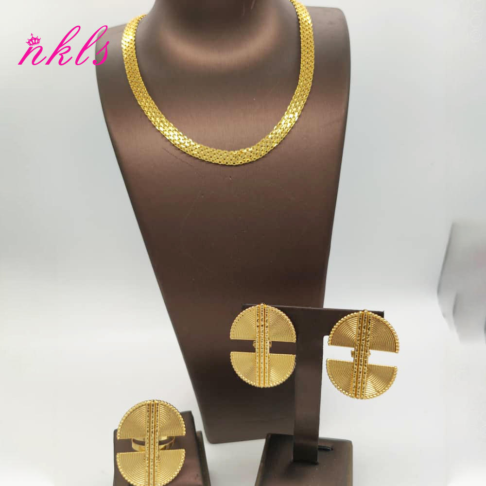 Juegos de joyas para mujer, cadena de Color dorado, pendientes de de lujo, anillo etíope, la última , joyería africana nigeriana para