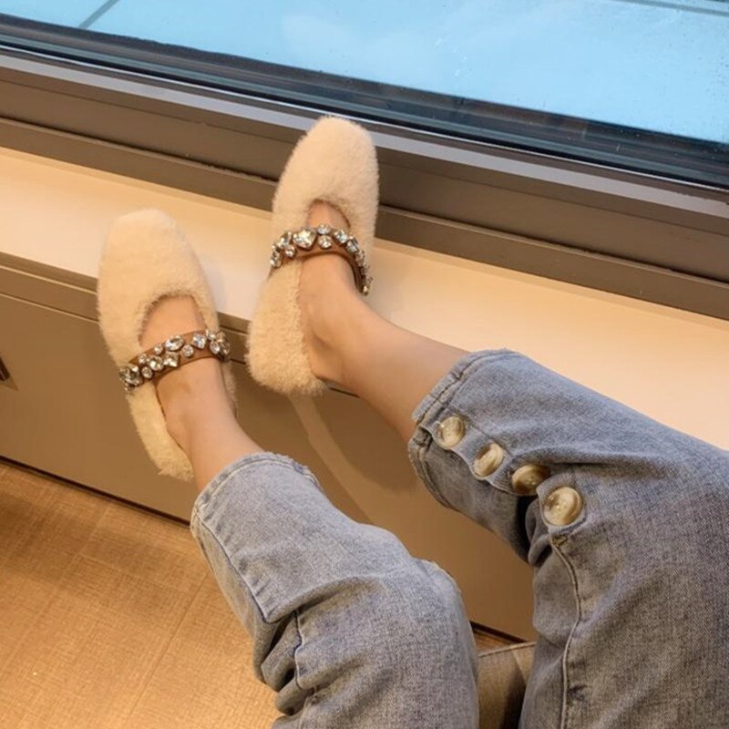 Loafers Bont Casual Vrouw Schoen Ondiepe Mond Ronde Neus Kristal Modis Vrouwelijke Schoeisel Herfst Slip-On Winter Strass Dr