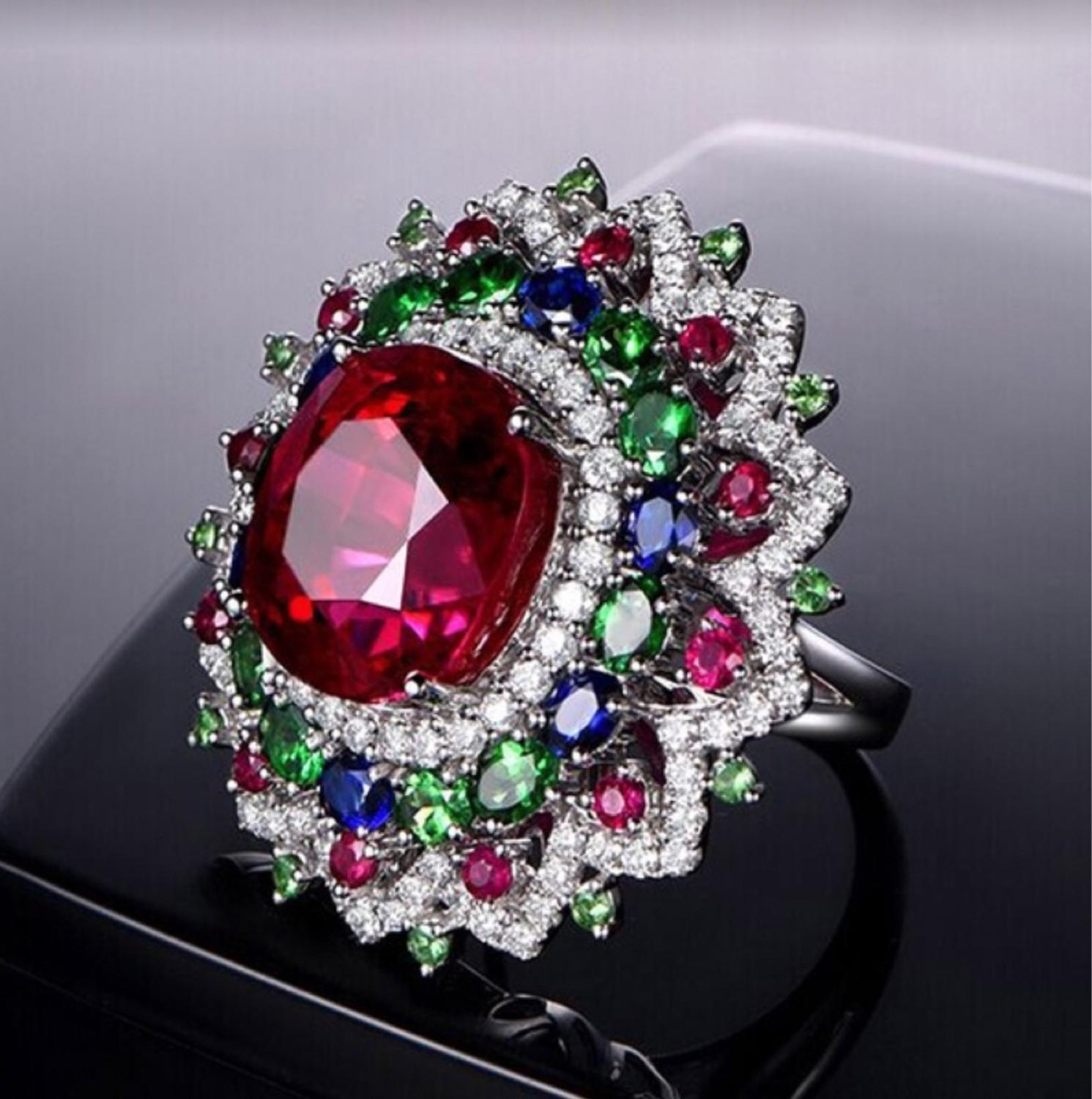 Luxe Femme Zilver Kleur Big Grote Bloem Multicolor Zirkoon Ring Voor Vrouwen Party Bijoux Engagement Bruiloft Sieraden