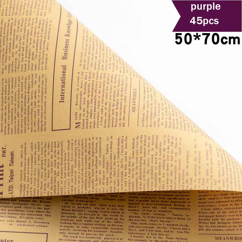 Papel de envoltorio de flores, Material de papel Kraft Retro de periódico inglés, ramo Floral, flor de embalaje: Purple 45pcs
