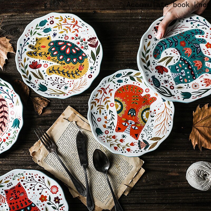 Neue 8 zoll Bunte Katze Abendessen Platte Unter-glasierte Keramik Abendessen Gerichte Nachtisch Tablett Blume Kätzchen Geschirr Mikrowelle Sicher