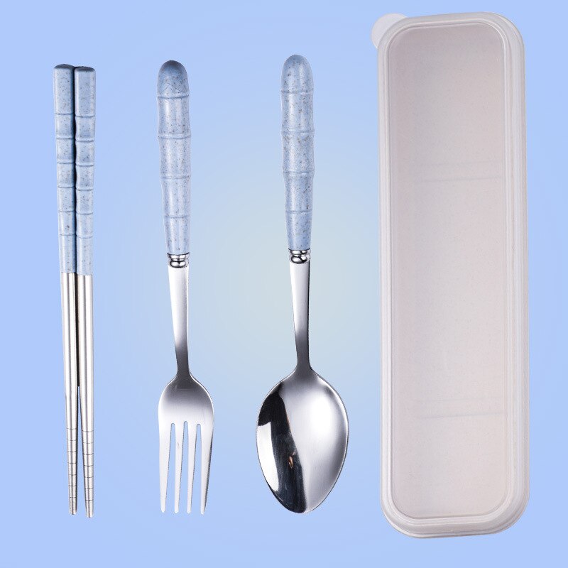 Tragbares edelstahl-essgeschirr-einstellen aus weizenstroh, essstäbchen, löffel und gabel, geschirr für kinderküchen-essgeschirr-einstellen: Blau -3 stück