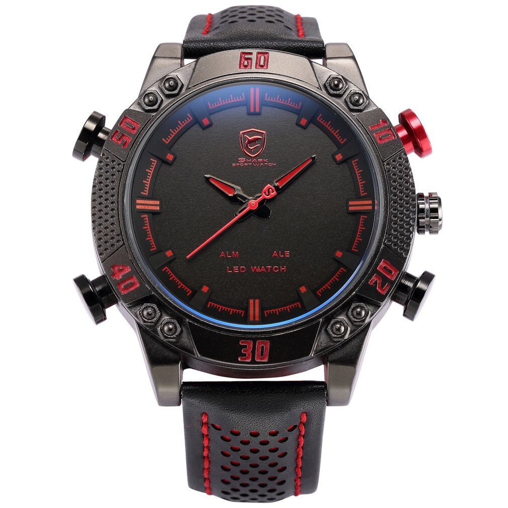 Desh 039 leren riem met rode led dubbele display quartz horloge polshorloge vrijetijdshorloge handdecoratie prachtig heren quartz horloge: Default Title