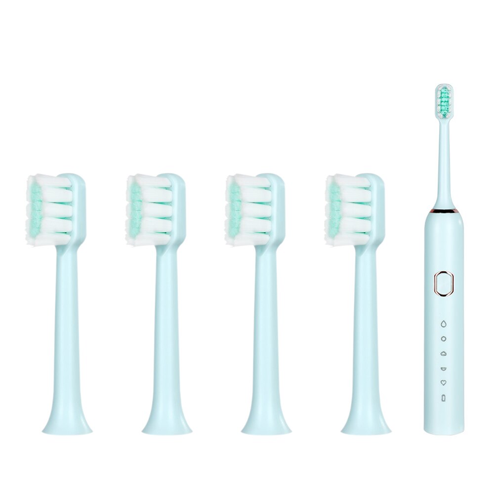 Intelligent Automatic Electric Toothbrush Adult 5 Modes Tooth Brush USB Charging Waterproof Tooth Whitening tooth Heads Set: 1set blue and 4TB