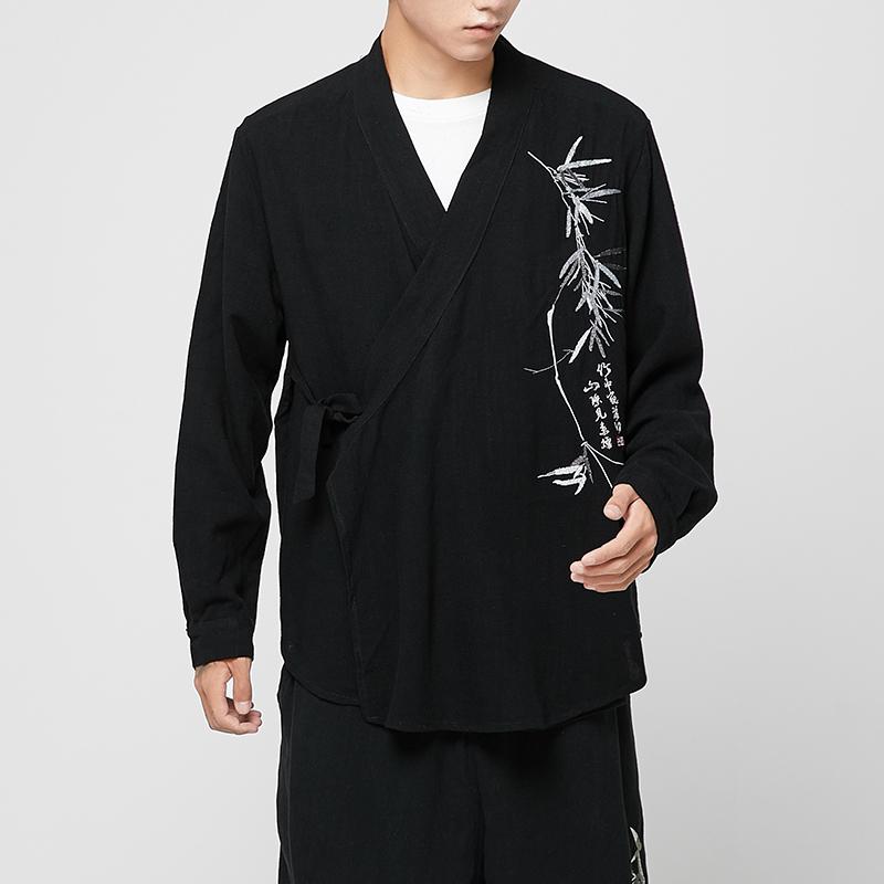 Chinese stijl plus size heren overhemd effen kleur retro hanfu lange mouwen bamboe borduurwerk vintage streetwear kraagloze herenoverhemden: Zwarte kimono shirts / M