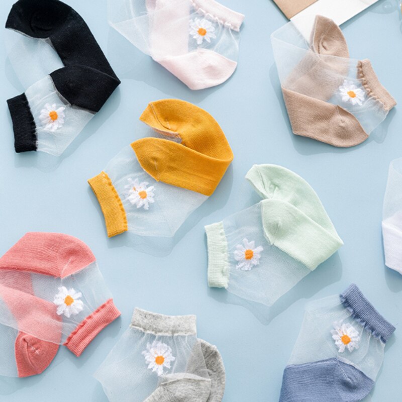 9 Colors Daisy Ultrathin Ankle Sock Women Transparent Breathable Comfortable Elastic Sweat Absorbent Candy Sock