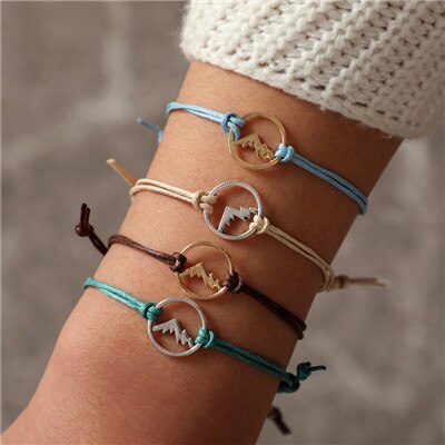 Docona Bohemian Kleurrijke Breien Draad Touw Armband Set voor Vrouwen Verstelbare Kompas Berg Wave Kaart Piek Armband: 6914