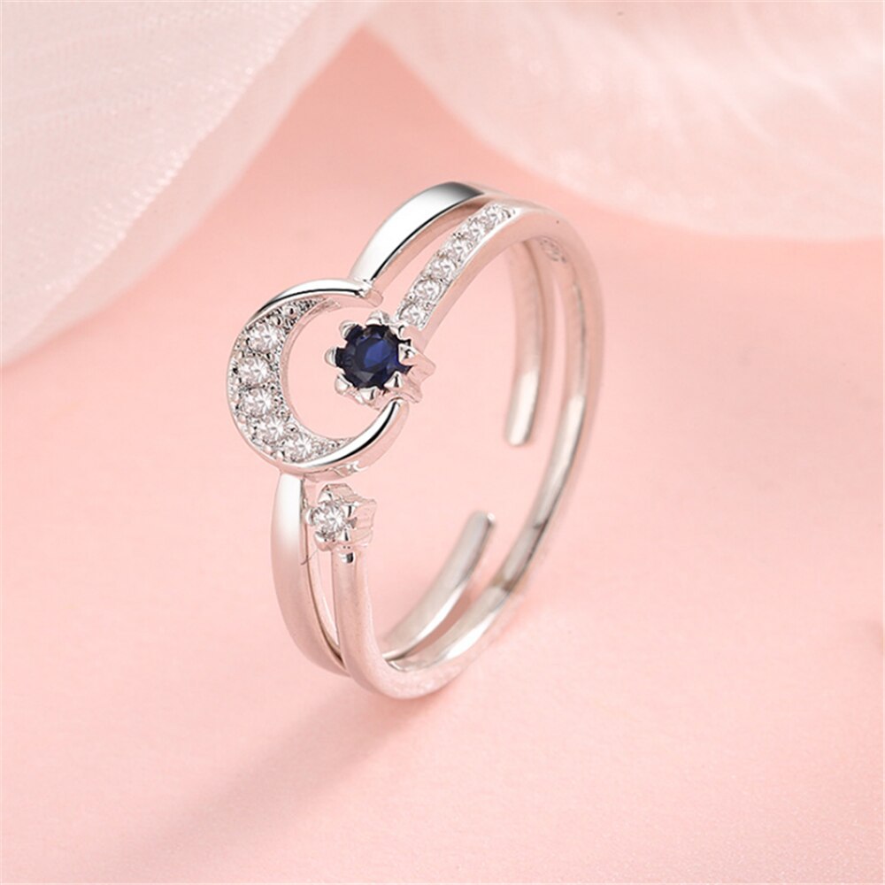 Combination Love Moon Rings Blue Crystal Stackable Engagement Wedding Rings Set For Women Friends Jewelry