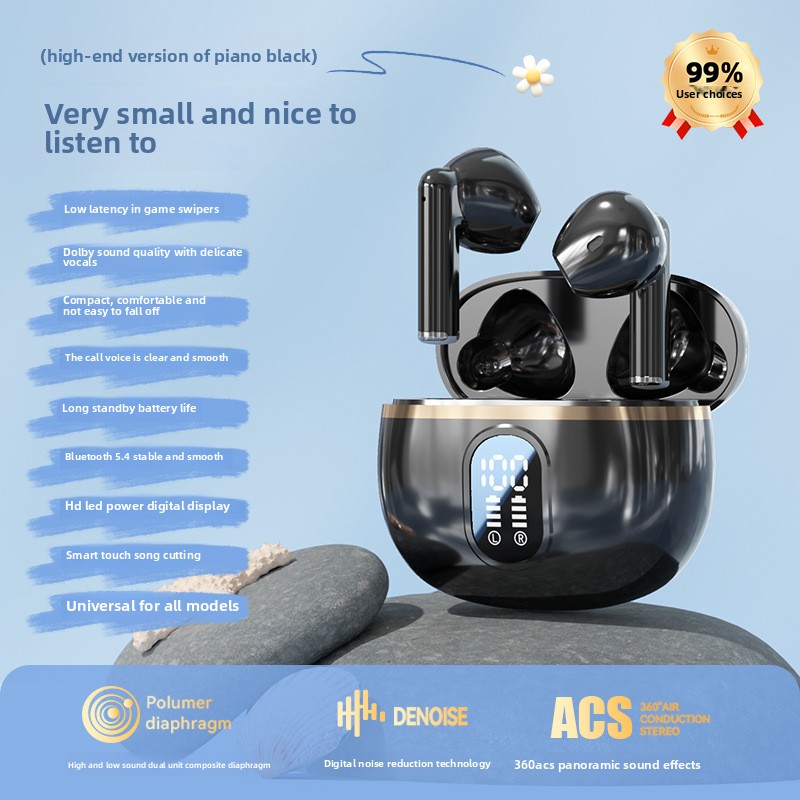 Bluetooth-hörlurar intelligent trådlös brusreducering, hög in-ear-display, lång batteritid, universell användning: Svart