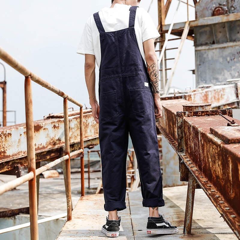Punk stil herr lös overall jumpsuit herr one piece jumpsuit hip hop hängselbyxor man casual overall stora fickor byxor