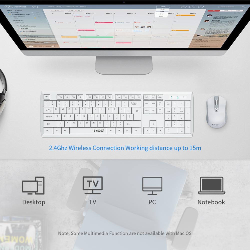 E710 Wireless Keyboard and Mouse Combo Quiet Key US Layout White Keyboard and Mice for PC Laptop Smart TV