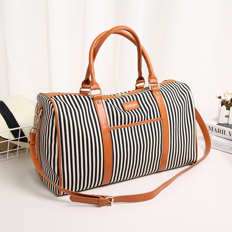 Canvas+PU Leather Women Travel Bag Striped Duffel Tote Large Weekend Bag Female Packing Cubes Suitcase Shoulder Bags
