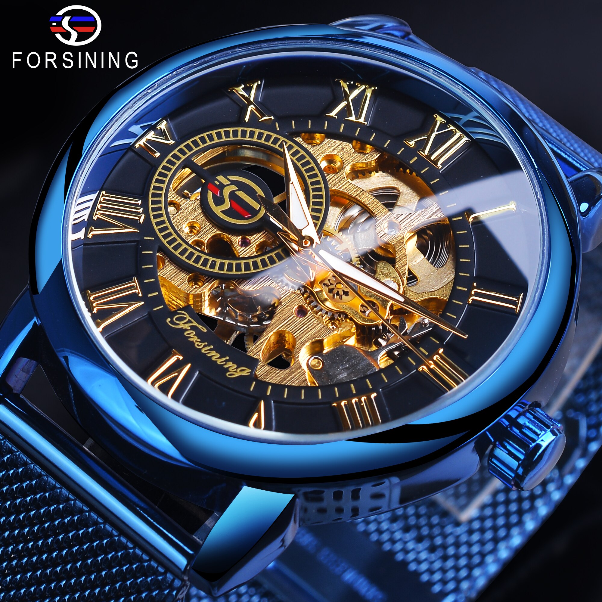 Forsining 3D squelette Royal rétro noir cadran doré montre mécanique bleu maille acier inoxydable bracelet lumineux montre-bracelet