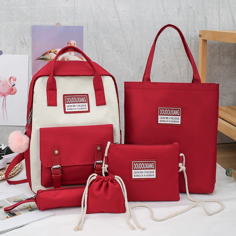 Sacs d&#39;école en toile pour adolescentes, 5 pièces, nouvelle tendance, sac à dos en Nylon pour femmes, sac à bandoulière pour enfants: Red