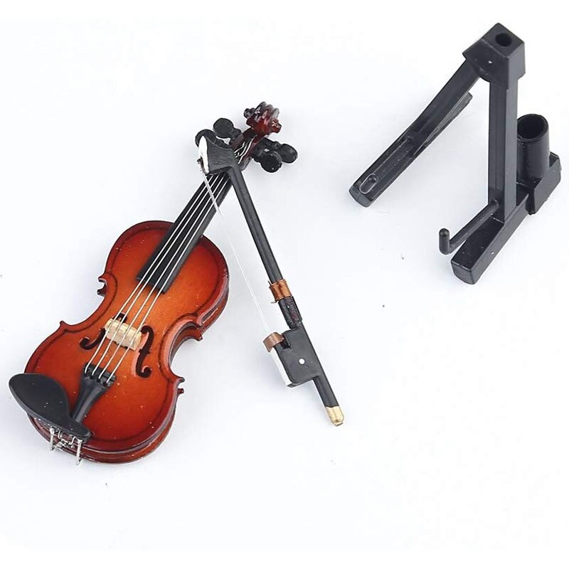 Houten Miniatuur Viool Met Stand, Boog En Case Mini Muziekinstrument Miniatuur Poppenhuis Model Woondecoratie (3.15 InchX1.1