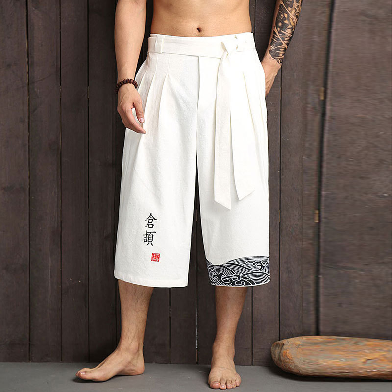 Pantalon japonais traditionnel en lin pour homme, court, kimono, vêtement de bain asiatique décontracté et ample, Yukata