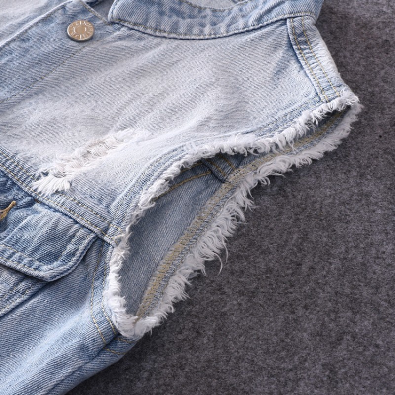 Primavera Verano coreano Delgado azul claro Chaleco de tela vaquera para hombre sin mangas rasgado agujero Jeans abrigo chaleco Casual ropa de masculina