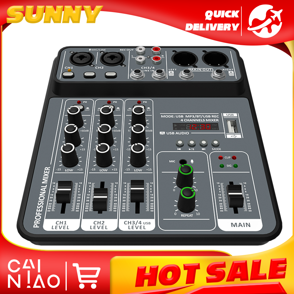 Lydmixer 4 -kanals dj-mixerpult med bluetooth 48v phantom power-monitor karaoke-system usb-mixer lyd