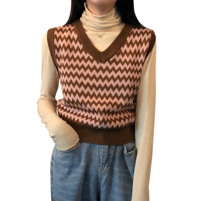 Korean Loose Knitted Sweater Vest Women Retro V-neck Sleeveless Sweater Vests Bottoming Tops: Brown