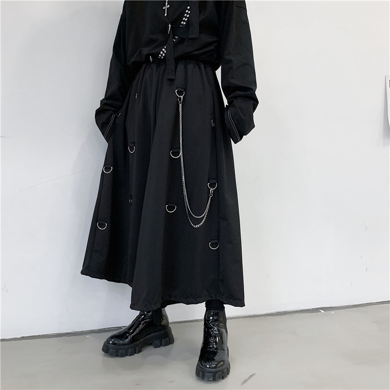 Herr metall kedja kausal lösa casual breda byxor manliga japan stil streetwear gothic punk kimono kjol byxor