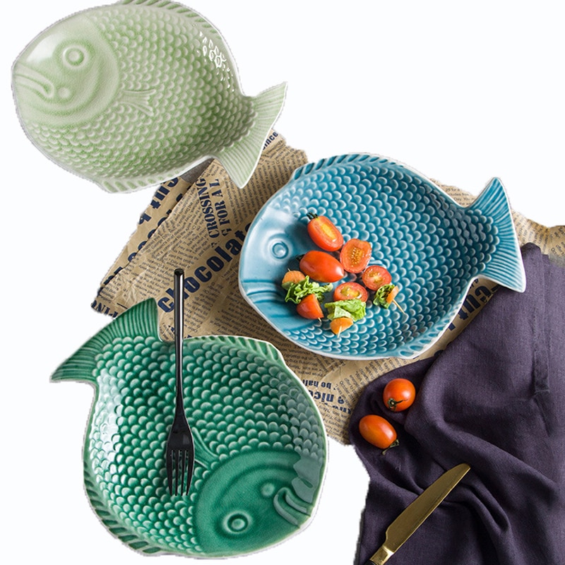 Série de peixes gelo crepitação esmalte placa cerâmica pratos de peixe comida rápida bandeja de frutas cesta de comida utensílios de mesa da família presente de natal 1pcs