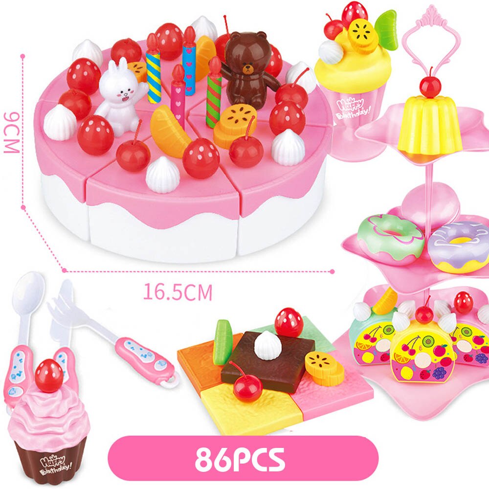 103Pcs Diy Fantasiespel Fruit Snijden Verjaardagstaart Keuken Voedsel Speelgoed Cocina De Juguete Speelgoed Roze Blauw Meisjes voor Kinderen: 86pcs pink
