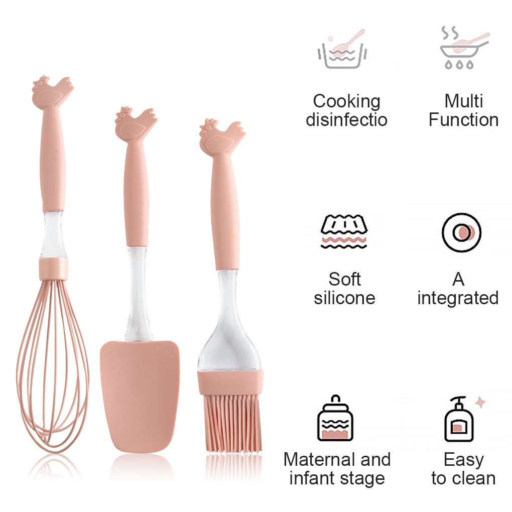 3Pcs Pink Silicone Cooking Utensils Spatula Egg Whisk Kit High Temperature Proof Scraper Frying Cookeware