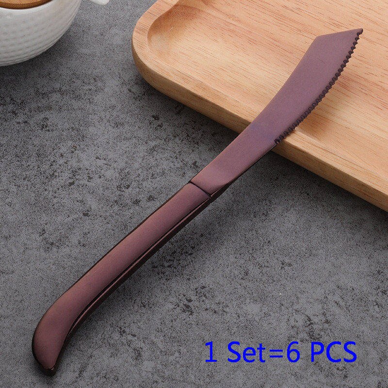 6 stk/sæt bøfkniv sæt rustfrit stål sort guld bordknive spisestel hjemme bøf kniv: Lilla