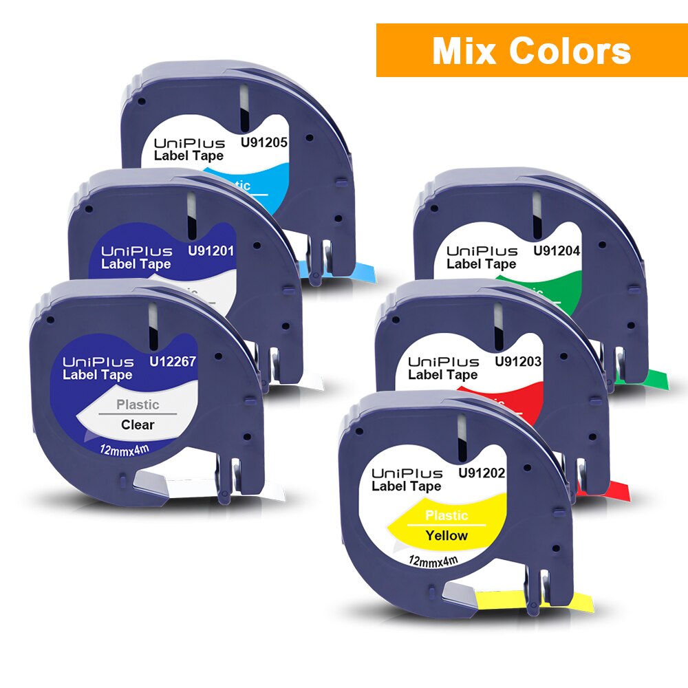 Uniplus 6pk 12267 91201 91202 91203 91204 91205 label tape fit dymo letratag label maker 12mm plastfarvesæt til dymo lt -100: Bland farver
