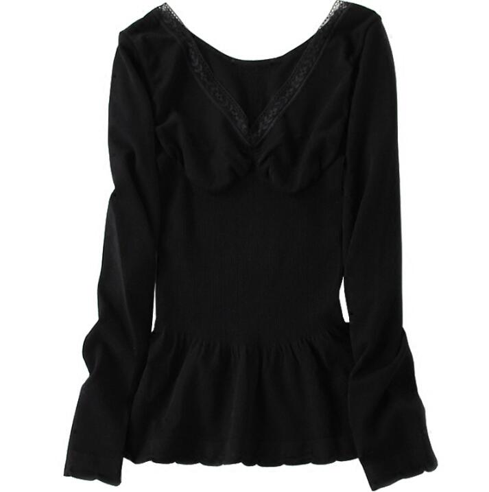 Autumn and winter cotton shaping thermal underwear for women Heating fiber long sleeve v neck lace Body tight shirt single shirt: Black / s-m