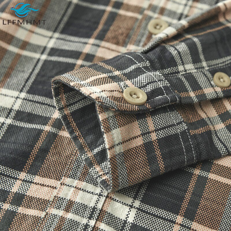 Camisas simples de manga larga estilo japonés a cuadros clásicas con solapa para hombres Harajuku verano otoño bolsillos Tops de algodón ropa de calle con ajuste Delgado