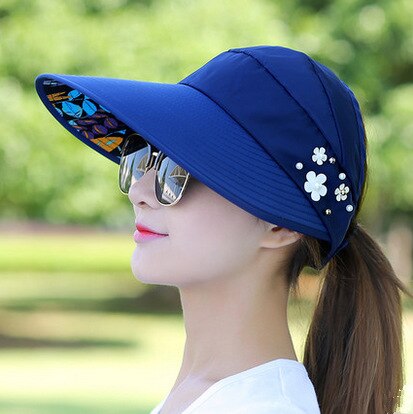 Sombrero plegable portátil para mujer, sombrilla de verano, informal, sencillo, de viaje, protección solar: Navy Blue