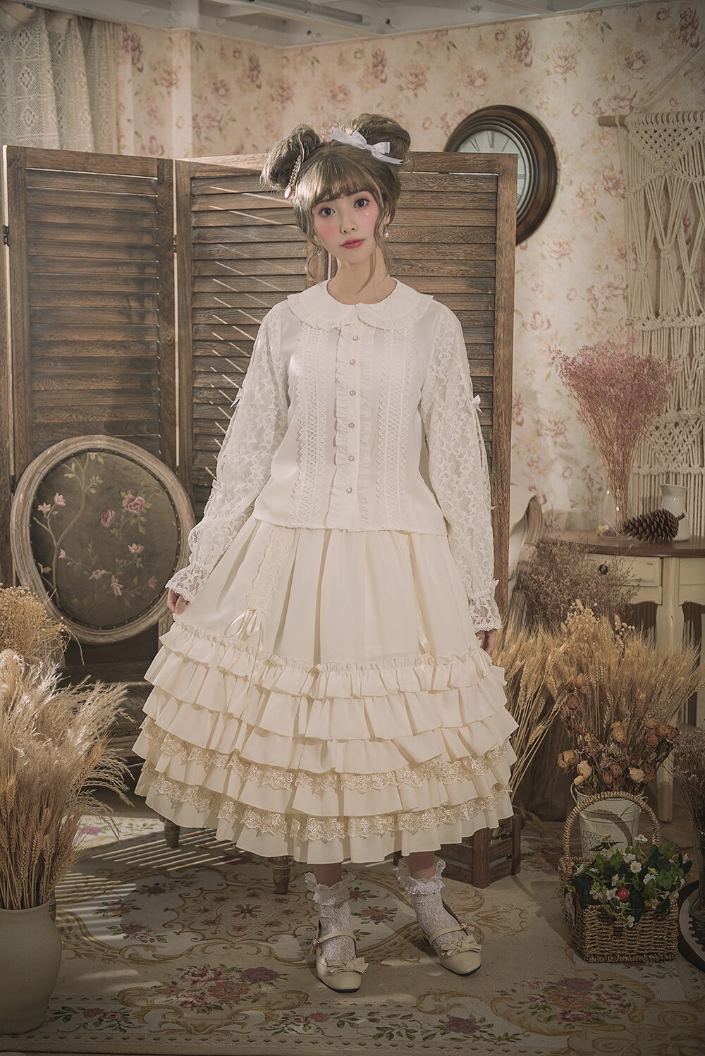 Dentelle mignon fille noeud manches longues lolita chemise victorienne chemise ample gothique lolita chemise loli cos lolita preppy style étudiant