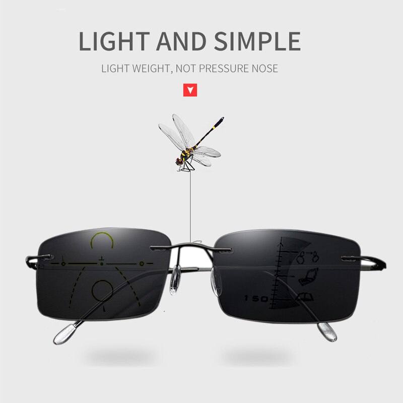 Pure Titanium Meekleurende Multifocale Leesbril Progressieve Randloze Afgewerkt Bril Anti-Blue Ray Outdoor Eyewear: +150
